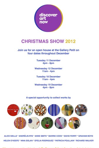 annonce de l'exposition "Discover Art Now, Christmas show 2012" à la galerie Petit, Londres