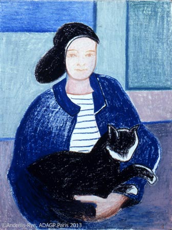 portrait avec chat, 1988, pastel à l'huile sur papier, 65 x 50 cm