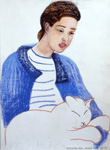 Femme avec chat, 1988, pastel à la cire sur papier