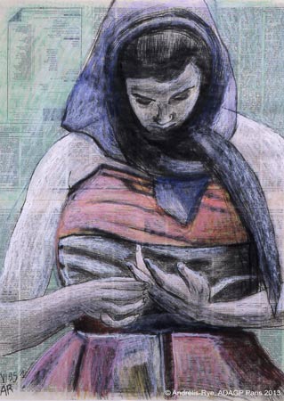 Femme penchée, 13 mai 1995, huile et encre sur papier, 76 x 58 cm